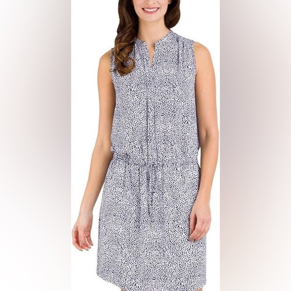Hilary Radley Blue Leopard Print Sleeveless Dress Drawstring Waist 2